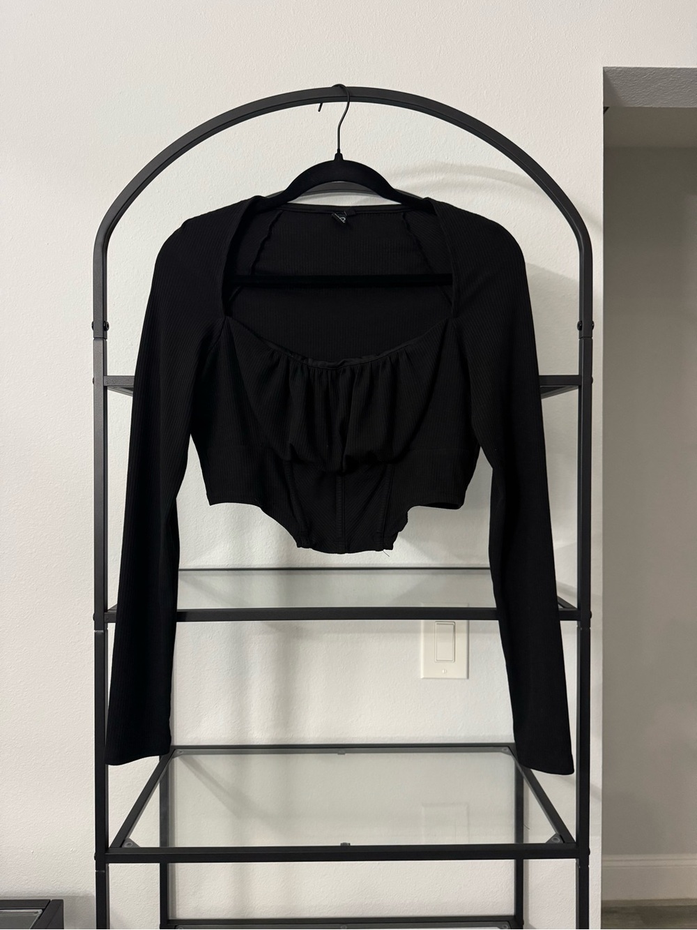 Windsor Black Long-Sleeve Cropped Ruffle Front Top